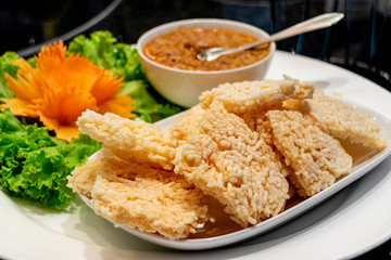 Crispy rice cake and pork and shrimp dipping - Thai halal food