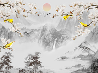 Landscape illustration, gray mountains, trees, sunrise in the fog, yellow birds sit on the branches of a tree that blooms with white flowers - 269140657