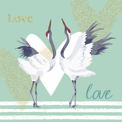 Fototapeta premium Karta walentynkowa z kilkoma żurawiami i złotymi brokatowymi sercami. Do ulotek, banerów, plakatów. Ilustracji wektorowych. Styl akwareli