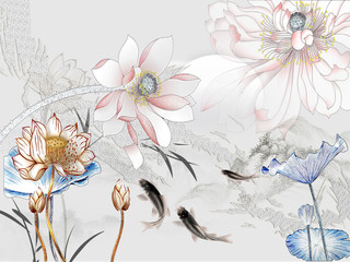 Fototapety  3d illustration, gray background, pink, blue and beige fabulous flowers, dark gray fish