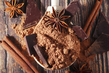 Cocoa powder and a bar of dark chocolate	