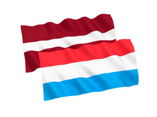 National fabric flags of Luxembourg and Latvia isolated on white background. 3d rendering illustration. 1 to 2 proportion.
