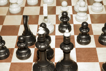 Wooden chess board and white pieces as a hobby theme