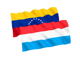 National fabric flags of Venezuela and Luxembourg isolated on white background. 3d rendering illustration. 1 to 2 proportion.