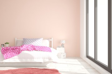 Fototapeta na wymiar Stylish bedroom in pink color. Scandinavian interior design. 3D illustration