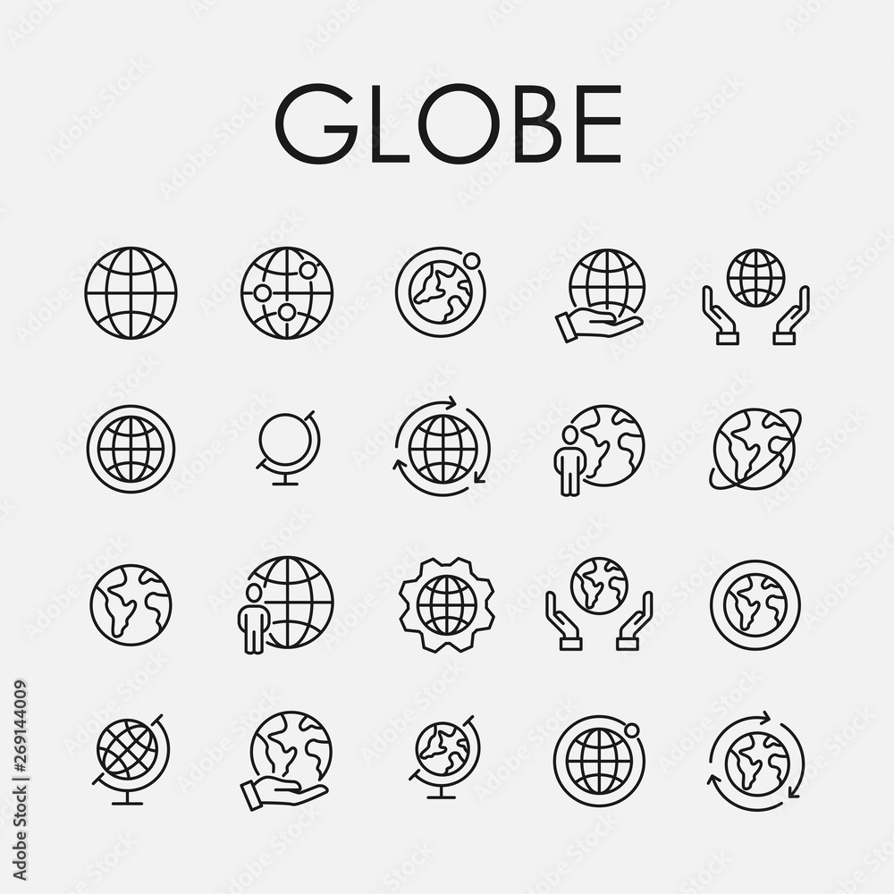 Poster globe related vector icon set.