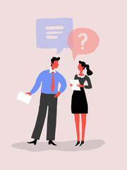 Businessmen team man woman communicate, social network, news, chat, dialogue, speech bubbles. Vector illustration, flat style.