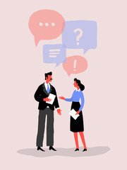 Vector colorful illustration of communication man woman, social network, news, chat, dialogue, speech bubbles. Vector illustration, flat style.