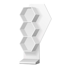 Mockup Hexagonal Retail Shelves Floor Display Rack For Supermarket Blank Empty. Cell. Cardboard . Mock Up. 3D On White Background Isolated. Ready For Your Design. Product Advertising. Vector EPS10