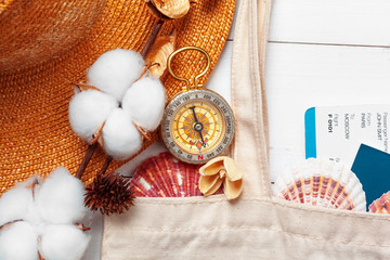 Time to Travel. Idea for tourism with tickets and compass.