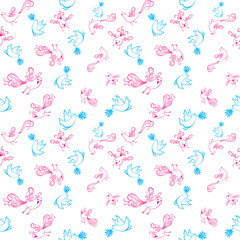 Vector seamless pattern with birds and flowers.