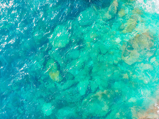 Fototapeta na wymiar Background Turquoise Mediterranean Sea with a small wave, top view. Concept travel.