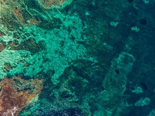 Fototapeta na wymiar Tropical coral beach, azure water, turquoise sea. Aerial top view