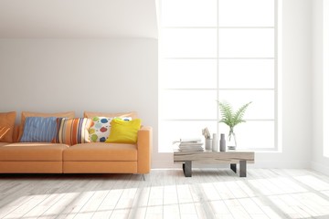 Stylish room in white color with sofa. Scandinavian interior design. 3D illustration