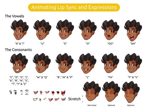 Man with curly hair cartoon character design for animating lip sync and expressions, vector illustration.