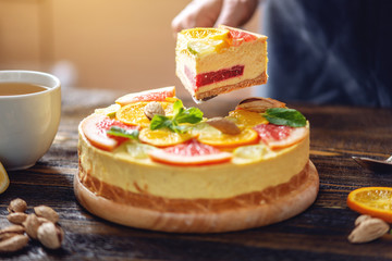 Raw citrus cake with grapefruit, orange, lime and lemon. Healthy summer dessert. Gluten free, no baking vegan food