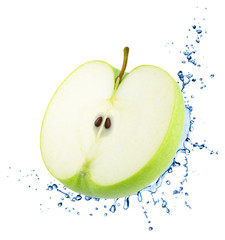 Half of Green Apple with Water Splashes Isolated on White Background