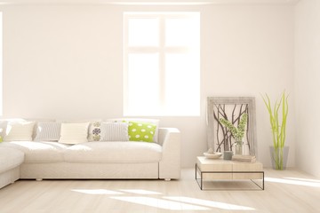 Stylish room in white color with sofa. Scandinavian interior design. 3D illustration