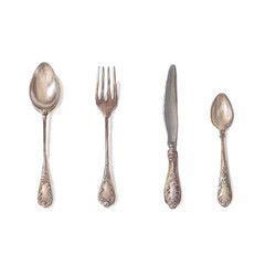 Silverware: spoons, knife, fork for serving the table in vintage style. Watercolor illustration, objects isolated on white.