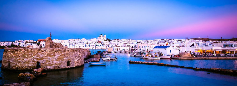 Panoramic view of evening stony berth of beautiful greek island Paros
