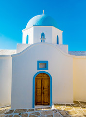 Blue dome orthodox church on blue sky background, Greece