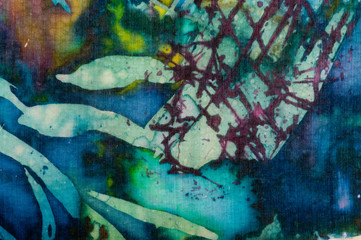 Fototapeta na wymiar Colorful abstraction, fragment, hot batik, handmade abstract surrealism art on silk, background texture