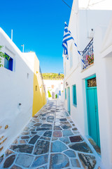 Narrow street with flagstone pavement and traditional rustic houses on Island of Paros, Greece