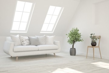 Stylish room in white color with sofa. Scandinavian interior design. 3D illustration