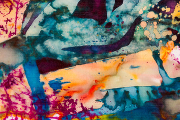 Colorful abstraction, fragment, hot batik, handmade abstract surrealism art on silk, background texture
