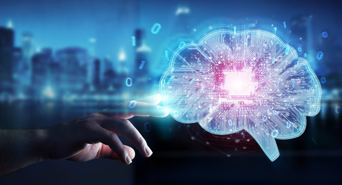Businessman creating artificial intelligence in a digital brain 3D rendering