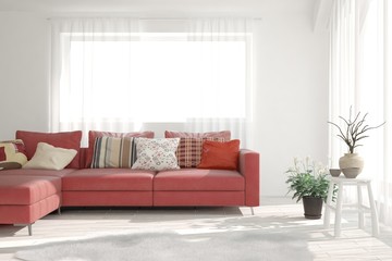 Stylish room in white color with sofa. Scandinavian interior design. 3D illustration