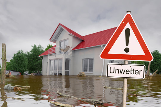 3d Illustation - Schild - Unwetter - Hochwasser - &Uuml;berschwemmung - Haus