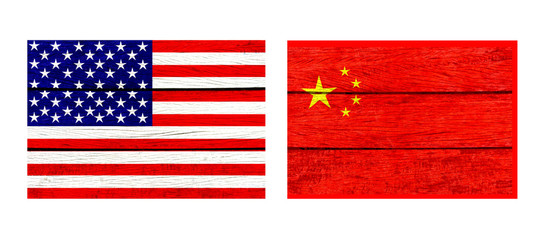 USA and China Flag design on wooden background,Business investment concept