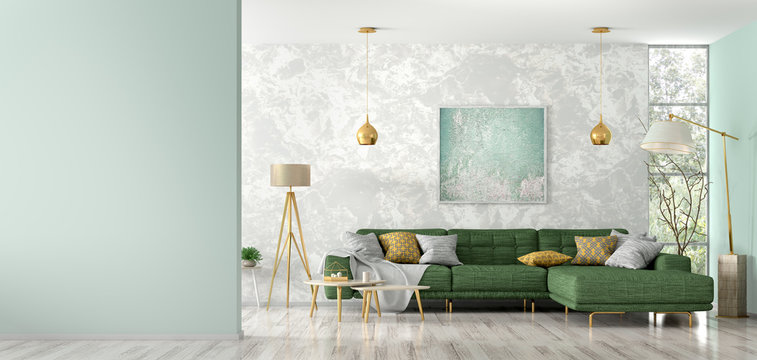 Interior of living room with green sofa 3d rendering