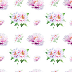 Beautiful white peony seamless pattern. Bouquet of flowers. Floral texture. Marker drawing. Watercolor painting. Wedding and birthday composition.  Flower painted background. Hand drawn illustration.
