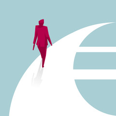 Businessman walking from euro symbol. Isolated on blue background.