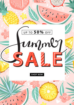 Summer sale promotion poster template. Creative lettering and tropical fruits for seasonal sales. Vector illustration for discount offer.