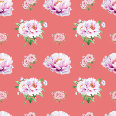 Beautiful white peony seamless pattern. Bouquet of flowers. Floral texture. Marker drawing. Watercolor painting. Wedding and birthday composition.  Flower painted background. Hand drawn illustration.