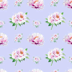 Beautiful white peony seamless pattern. Bouquet of flowers. Floral texture. Marker drawing. Watercolor painting. Wedding and birthday composition.  Flower painted background. Hand drawn illustration.