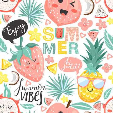 Creative summer collage. Seamless pattern with cute pineapple, peach, strawberry, dragon fruit characters with kawaii face. Flowers, leaves and lettering. Vector.