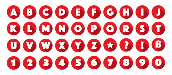 Lettres et chiffres de l'alphabet dans cercles rouges