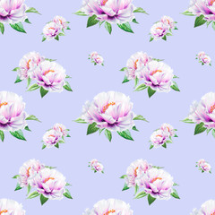 Beautiful white peony seamless pattern. Bouquet of flowers. Floral texture. Marker drawing. Watercolor painting. Wedding and birthday composition.  Flower painted background. Hand drawn illustration.