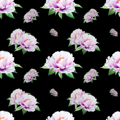 Beautiful white peony seamless pattern. Bouquet of flowers. Floral texture. Marker drawing. Watercolor painting. Wedding and birthday composition.  Flower painted background. Hand drawn illustration.