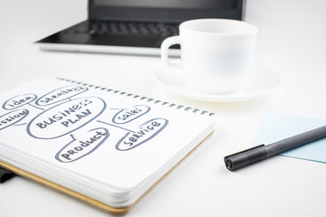 Minimalistic workplace concept, with a laptop, pen and business work records on a white background. Image of business plan, startup. Close up image