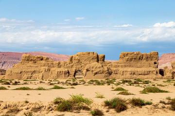 Ruins of Gaochang, Turpan, China. Dating more than 2000 years, Gaochang and Jiaohe are the oldest and largest ruins in Xinjiang. The Flaming mountains are visible in the background