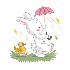 Vector flat illustration of cute white baby bunny character and little duck walking under umbrella. Hand drawn style. For baby calendar, baby shower, birthday card, tee print, sticker, nursery etc.
