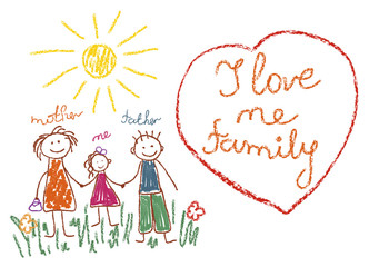 Children s drawing with pencils family, mom, dad, me. Heart with the phrase I love my family. Vector