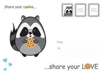 Share your love postcard, illustration, greeting card. Cute cartoon raccoon with cookies and heart