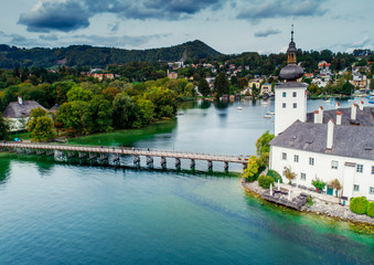 Fototapeta na wymiar Aerial view of Gmunden Schloss with Traunsee lake in Austria