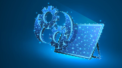 Gears Yin Yan symbol on tablet screen. Industry balance, business solution, settings concept. Abstract, digital, wireframe, low poly mesh, vector blue neon 3d illustration. Triangle, line, dot